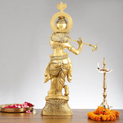 Brass Ever-smiling Krishna Playing Flute Statue | Height 28 Inch - Budhshiv.com