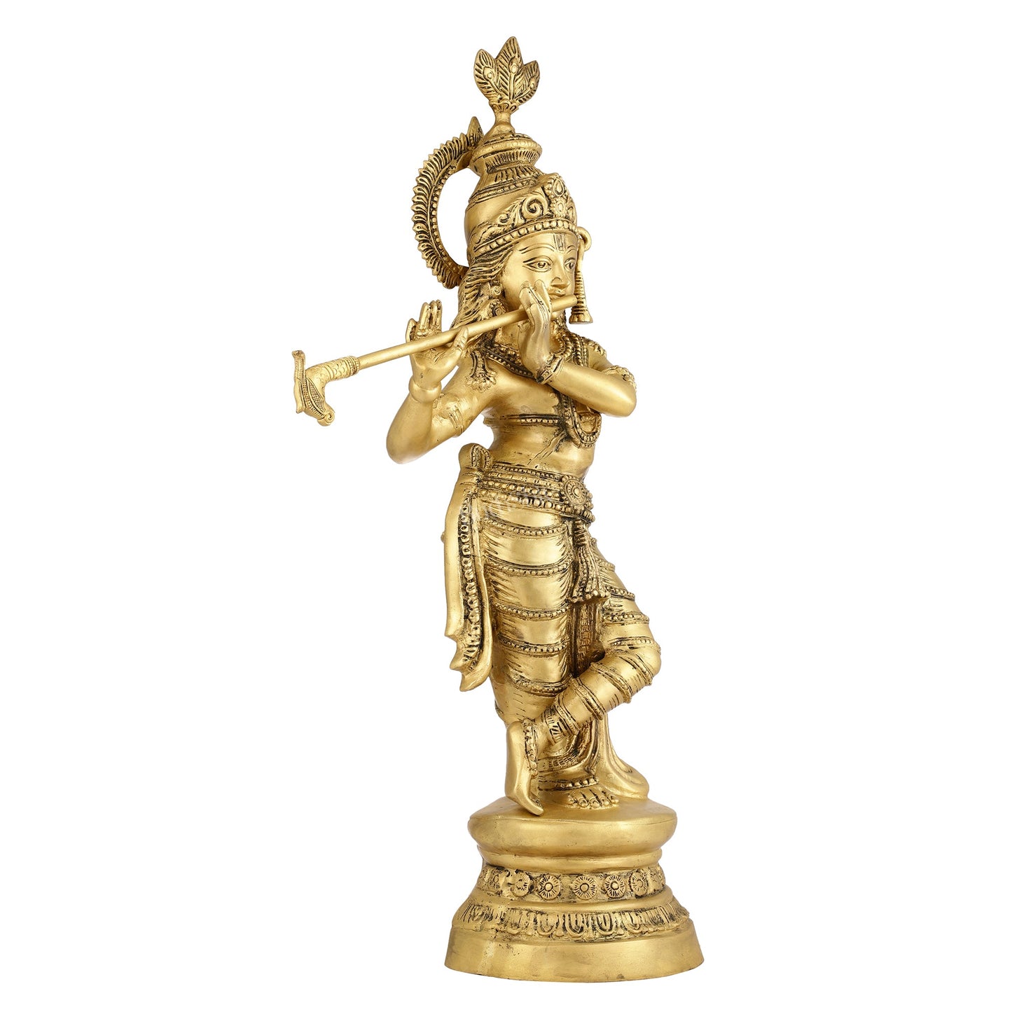 Brass Ever-smiling Krishna Playing Flute Statue | Height 28 Inch - Budhshiv.com