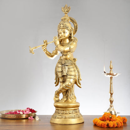 Brass Ever-smiling Krishna Playing Flute Statue | Height 28 Inch - Budhshiv.com