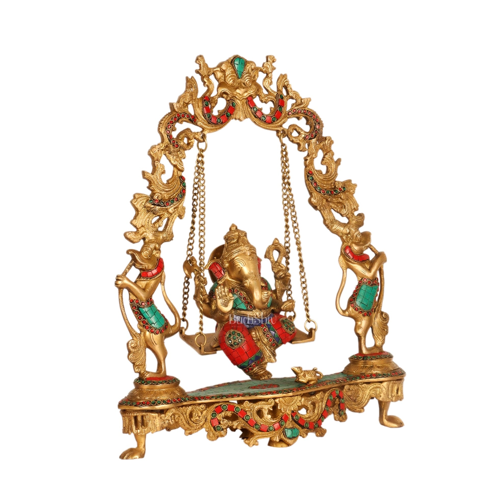 Brass Fine Quality Ganesha Swing with Brass Rings and Natural Stones, 18 inches - Budhshiv.com