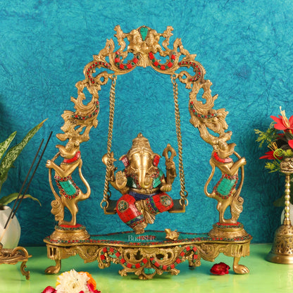 Brass Fine Quality Ganesha Swing with Brass Rings and Natural Stones, 18 inches - Budhshiv.com