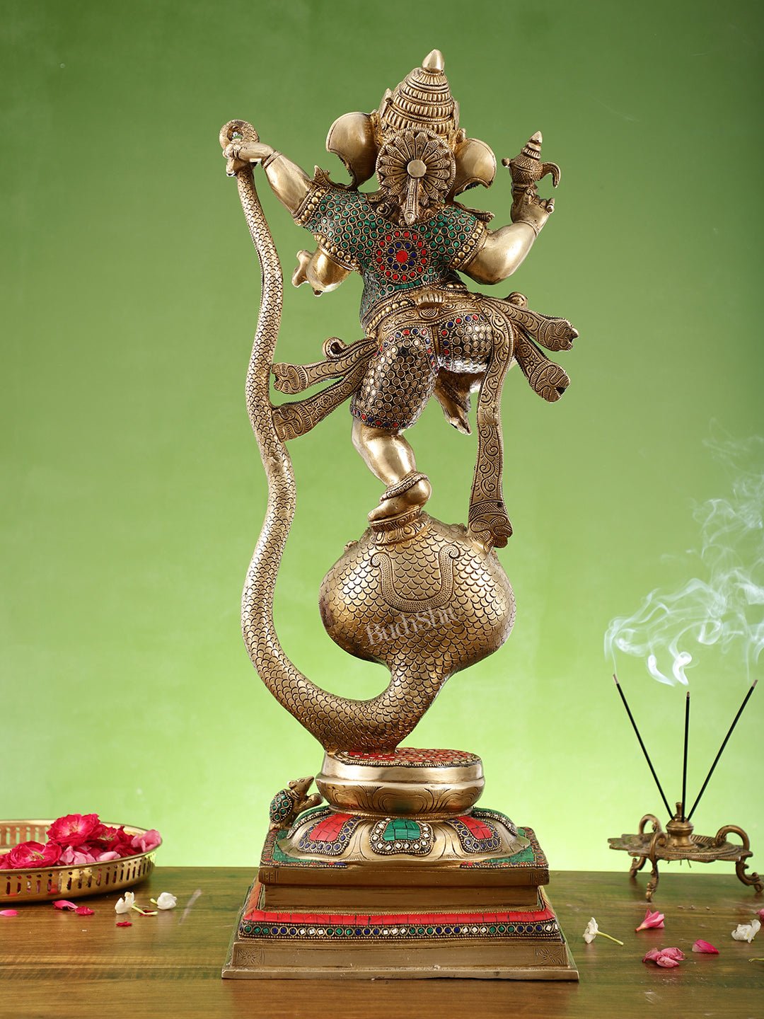 Brass Ganapathi Dancing on Snake 26" - Budhshiv.com