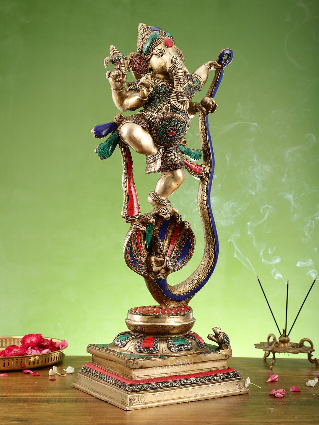 Brass Ganapathi Dancing on Snake 26" - Budhshiv.com