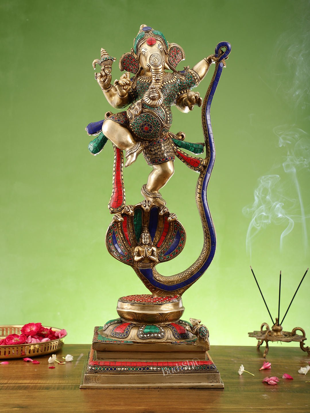 Brass Ganapathi Dancing on Snake 26" - Budhshiv.com