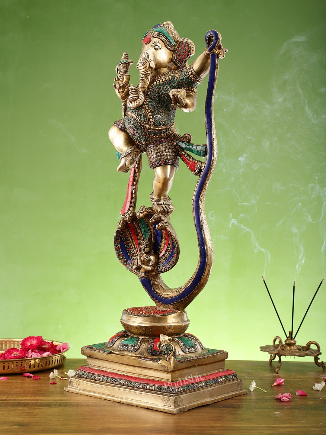 Brass Ganapathi Dancing on Snake 26" - Budhshiv.com