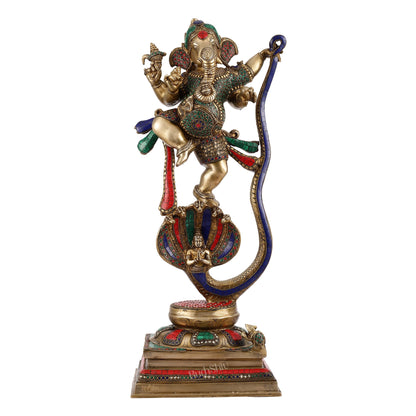 Brass Ganapathi Dancing on Snake 26" - Budhshiv.com