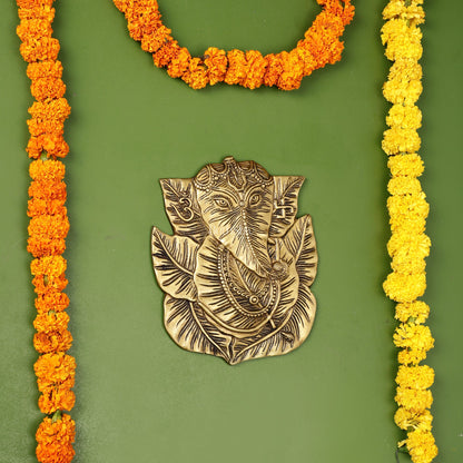 Brass Ganapathi on Peepal Leaf Wall Hanging - 8.5 inches - Budhshiv.com