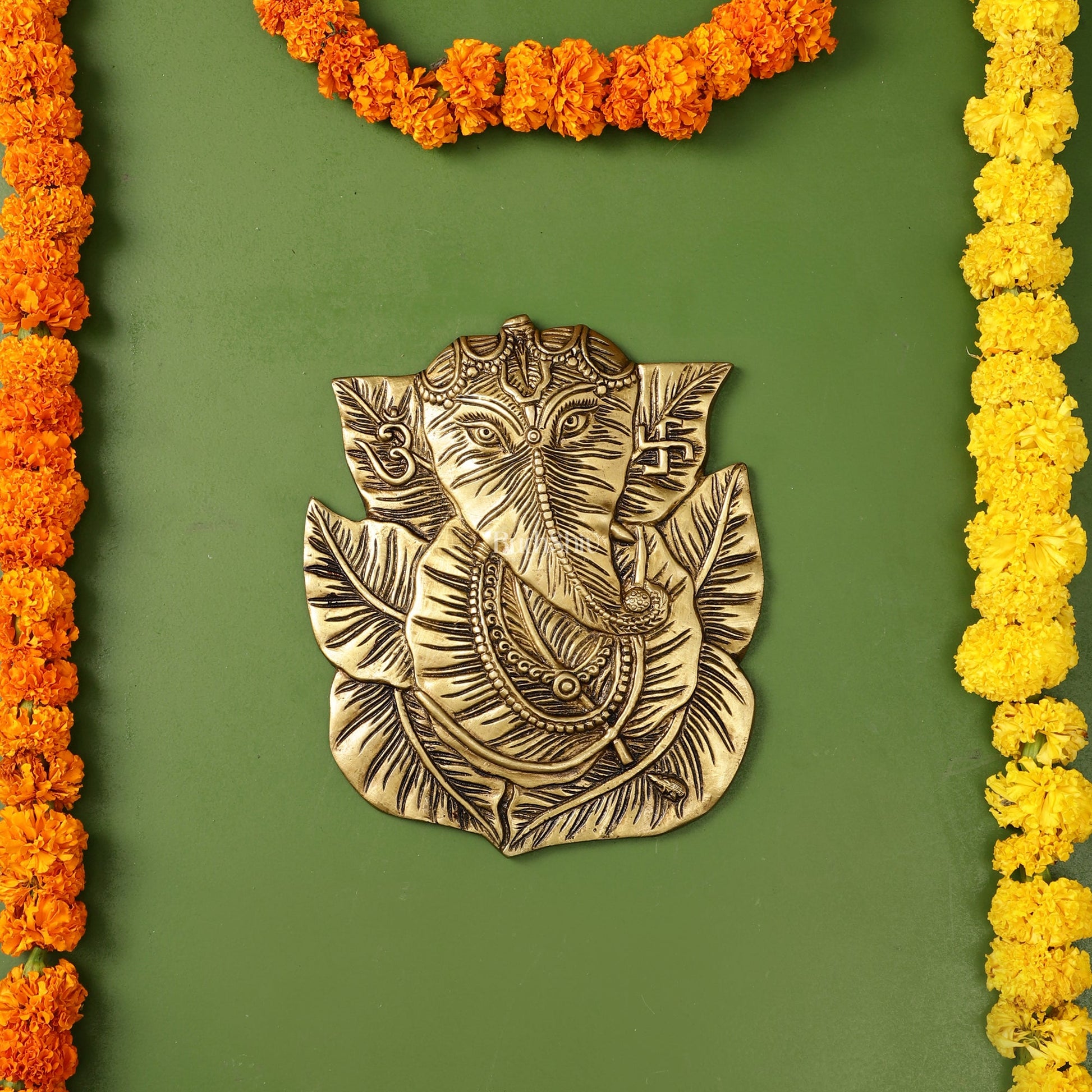 Brass Ganapathi on Peepal Leaf Wall Hanging - 8.5 inches - Budhshiv.com