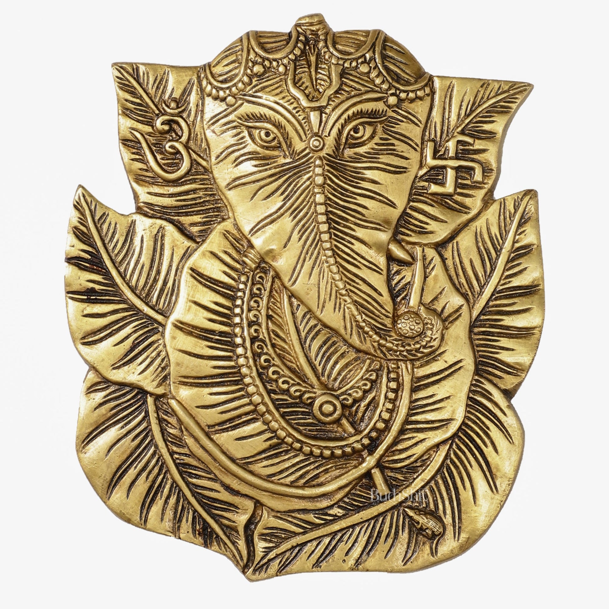 Brass Ganapathi on Peepal Leaf Wall Hanging - 8.5 inches - Budhshiv.com