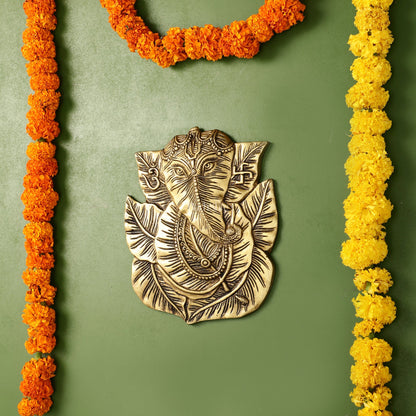 Brass Ganapathi on Peepal Leaf Wall Hanging - 8.5 inches - Budhshiv.com