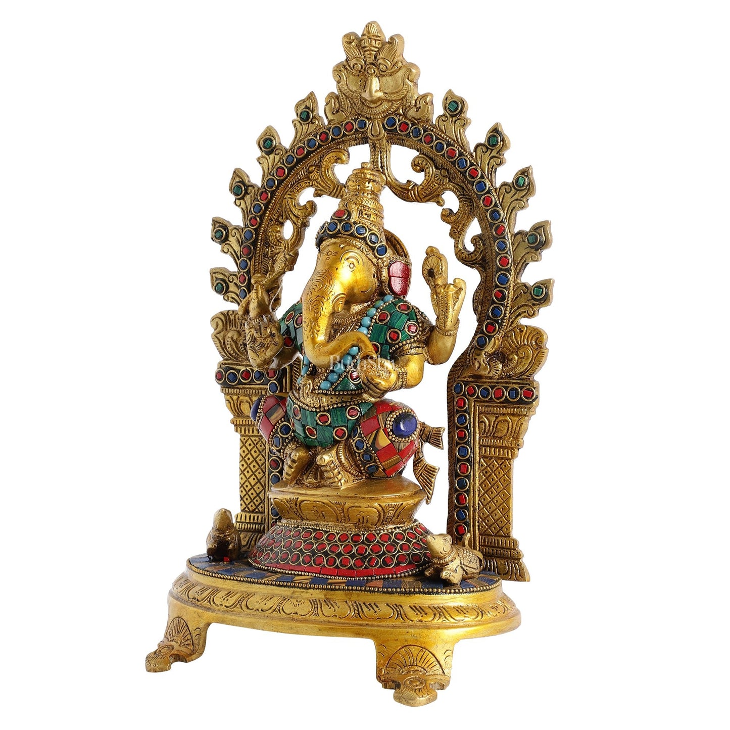 Brass Ganapathi Statue with Mouse 12 inch with stonework - Budhshiv.com