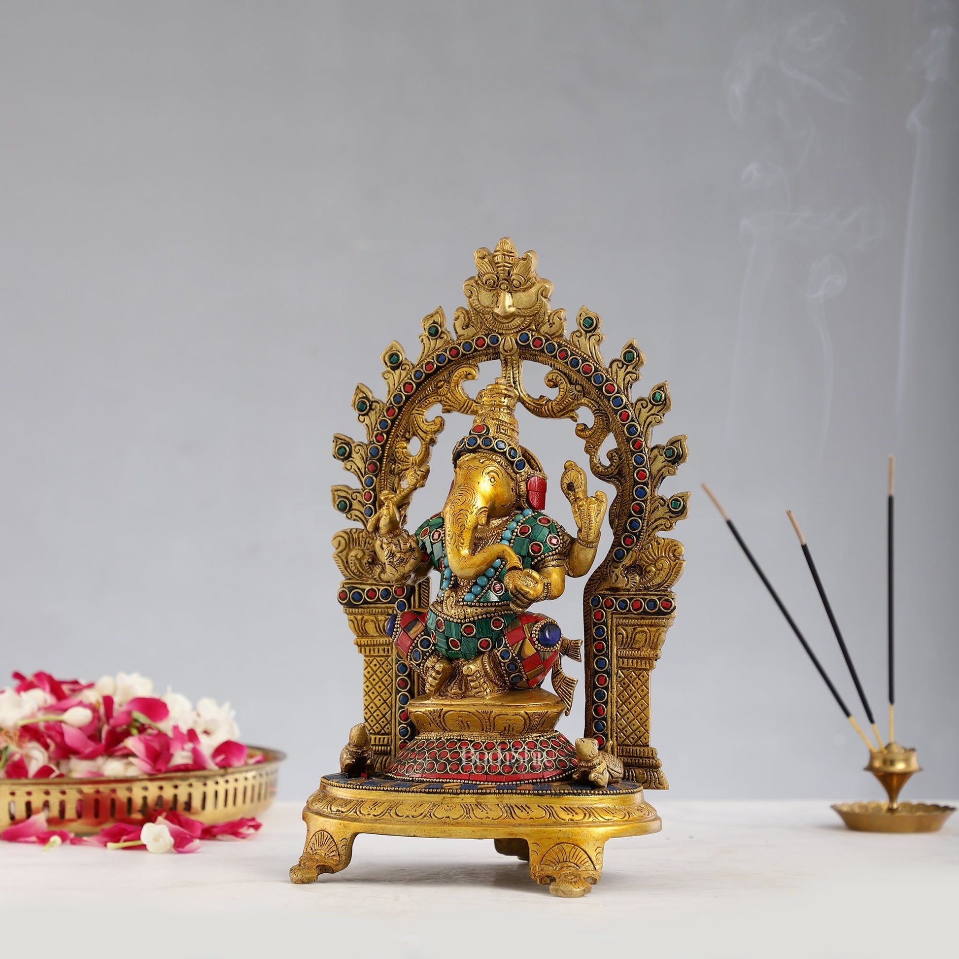 Brass Ganapathi Statue with Mouse 12 inch with stonework - Budhshiv.com