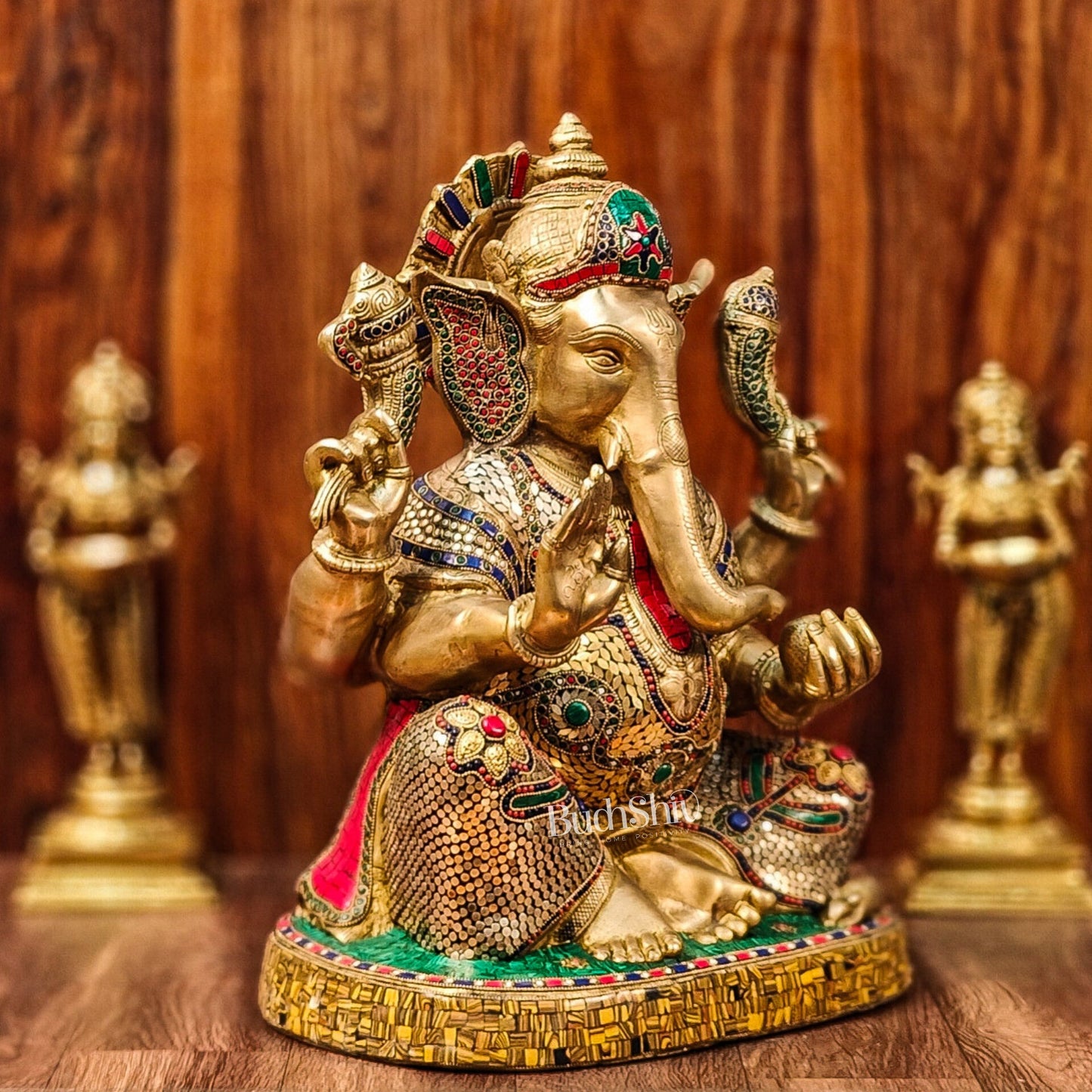 Brass Ganapathi Statue with stonework 22" - Budhshiv.com