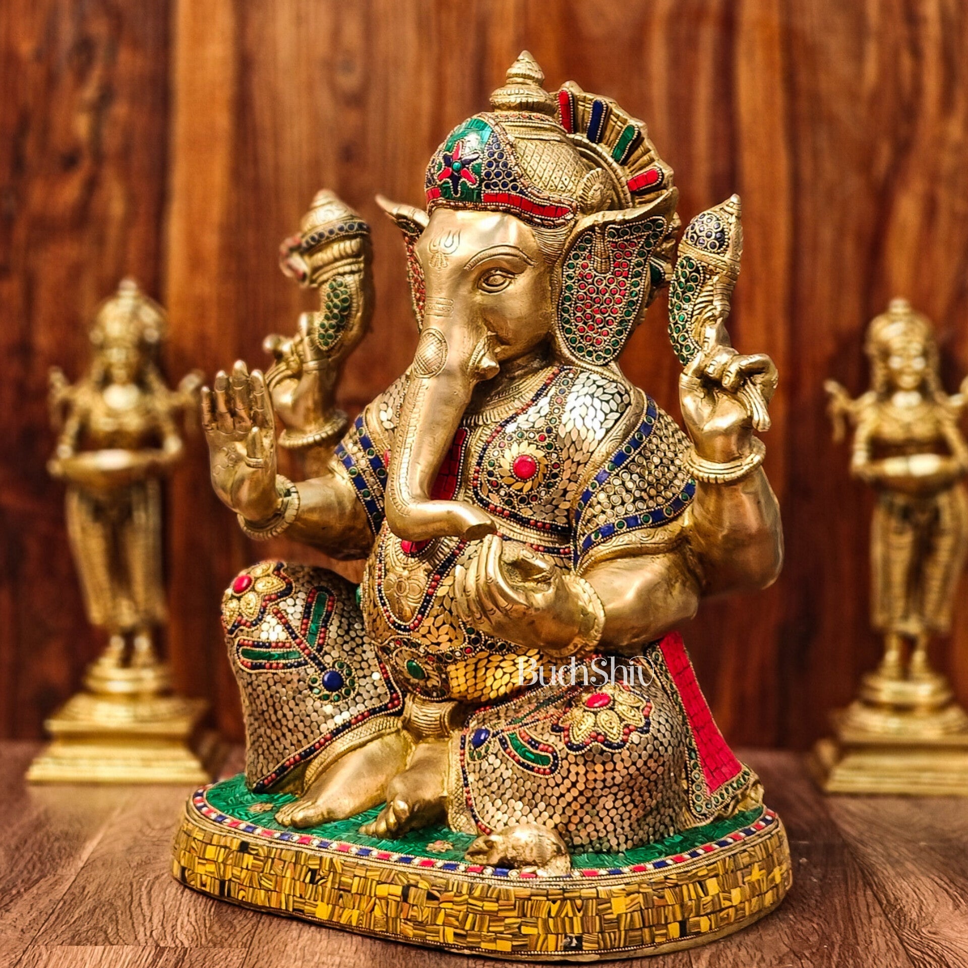 Brass Ganapathi Statue with stonework 22" - Budhshiv.com