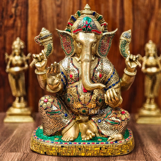 Brass Ganapathi Statue with stonework 22" - Budhshiv.com