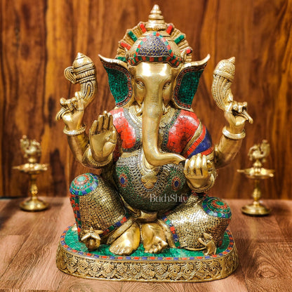 Brass Ganapathi Statue with stonework 22" - Budhshiv.com