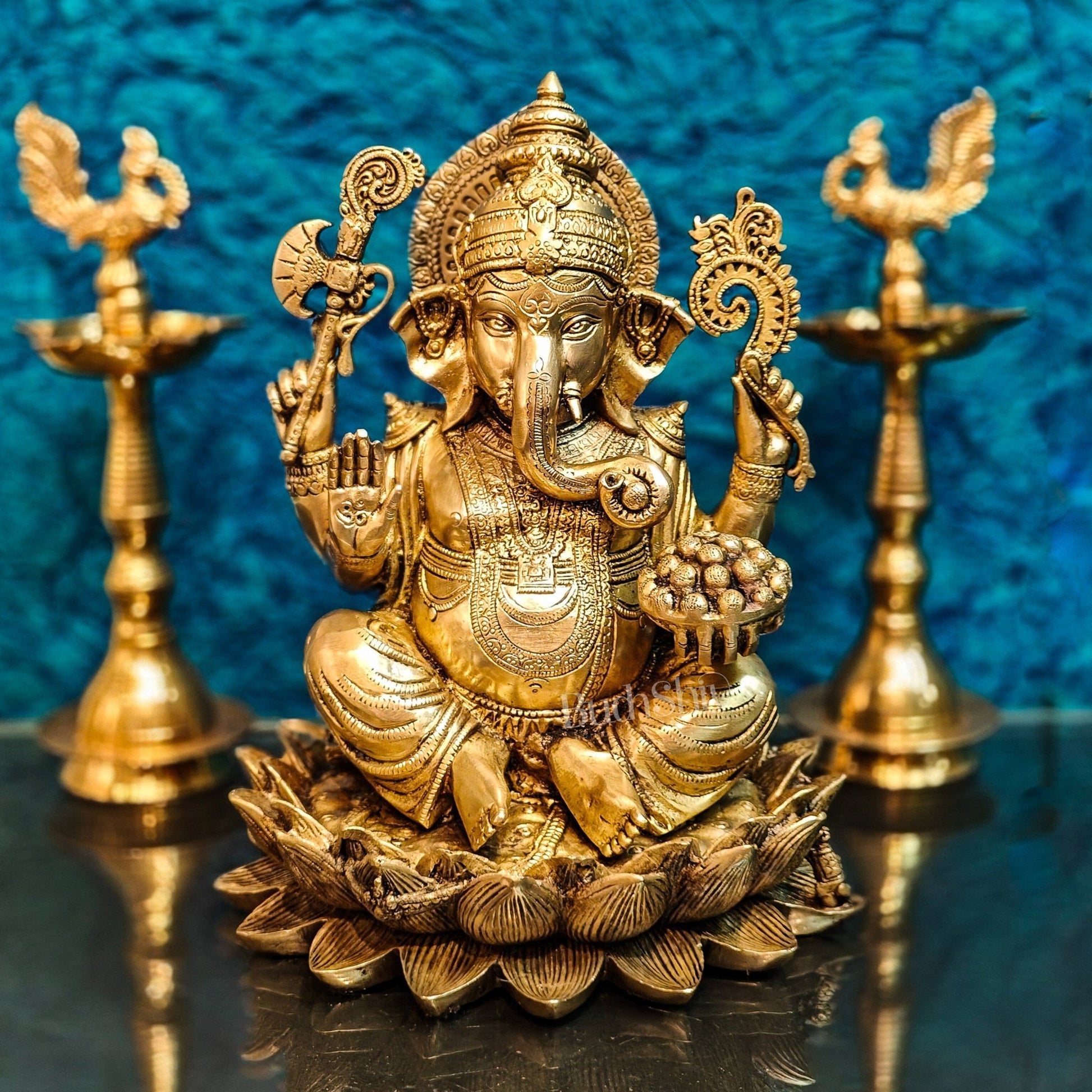 Brass Ganapati Idol Seated on Lotus | 12" Height - Budhshiv.com