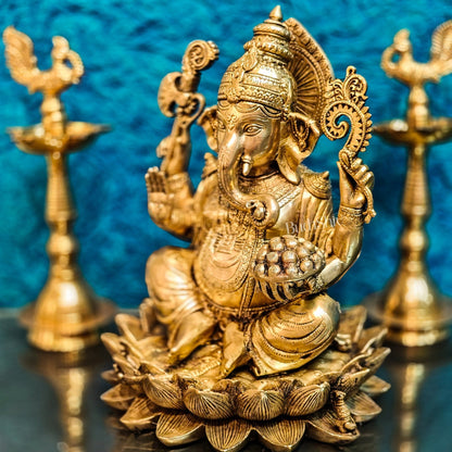 Brass Ganapati Idol Seated on Lotus | 12" Height - Budhshiv.com