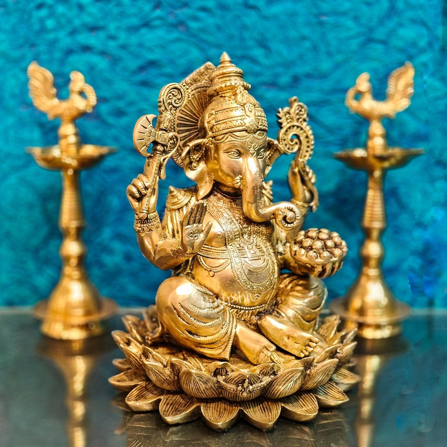 Brass Ganapati Idol Seated on Lotus | 12" Height - Budhshiv.com