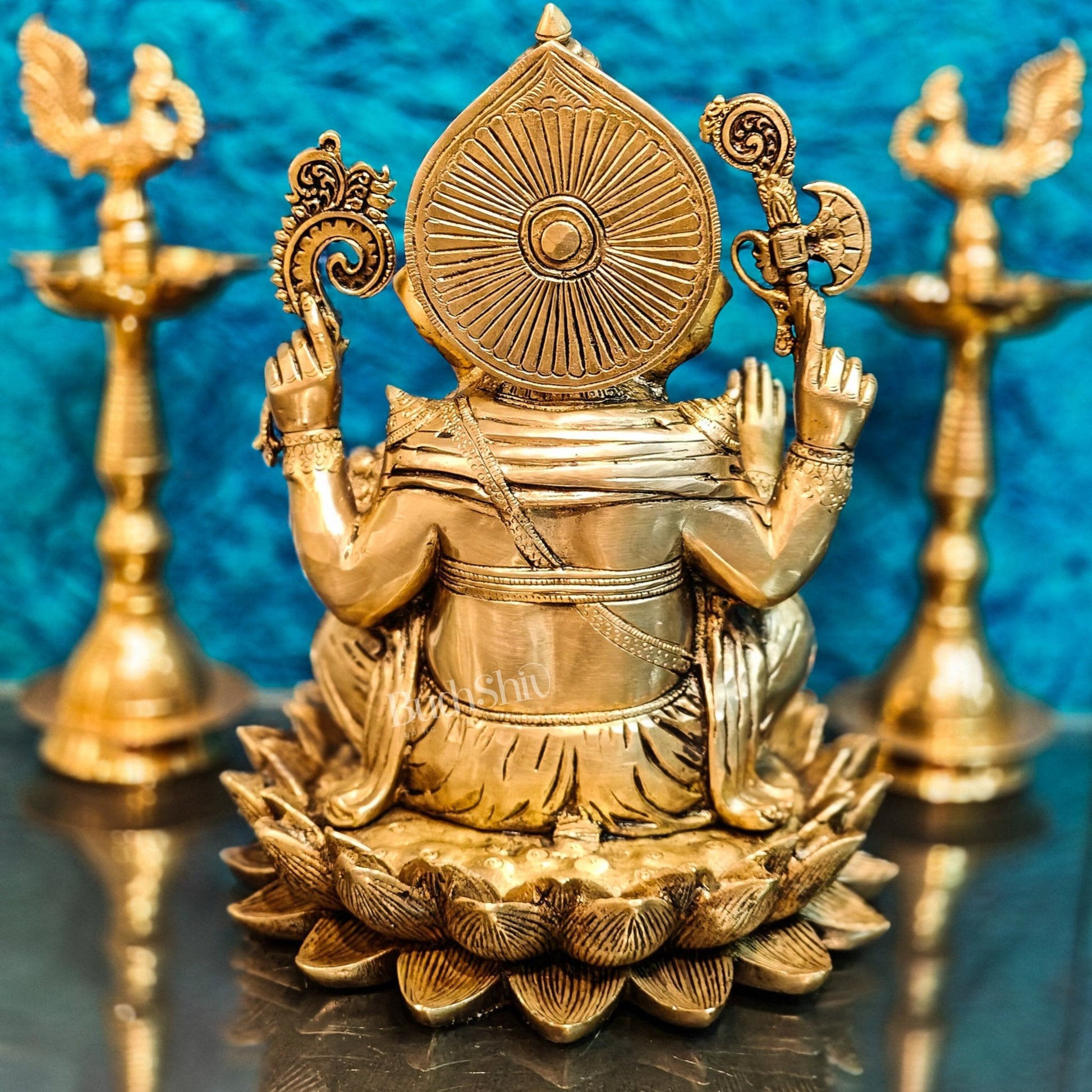 Brass Ganapati Idol Seated on Lotus | 12" Height - Budhshiv.com