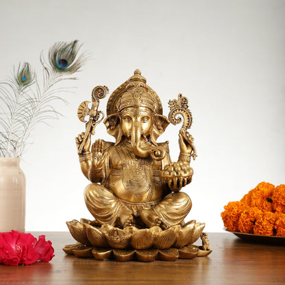 Brass Ganapati Idol Seated on Lotus | 12" Height - Budhshiv.com