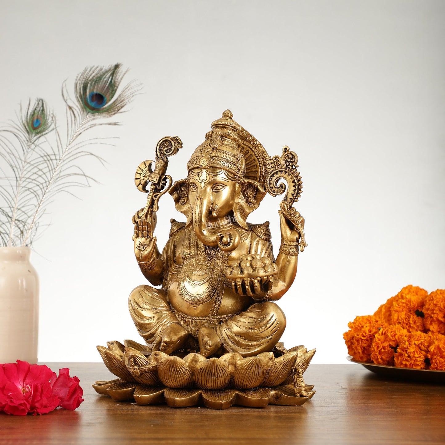 Brass Ganapati Idol Seated on Lotus | 12" Height - Budhshiv.com