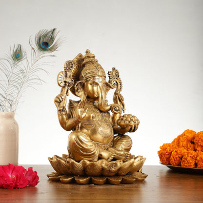 Brass Ganapati Idol Seated on Lotus | 12" Height - Budhshiv.com