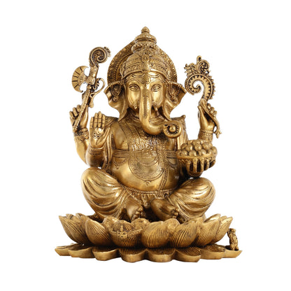 Brass Ganapati Idol Seated on Lotus | 12" Height - Budhshiv.com