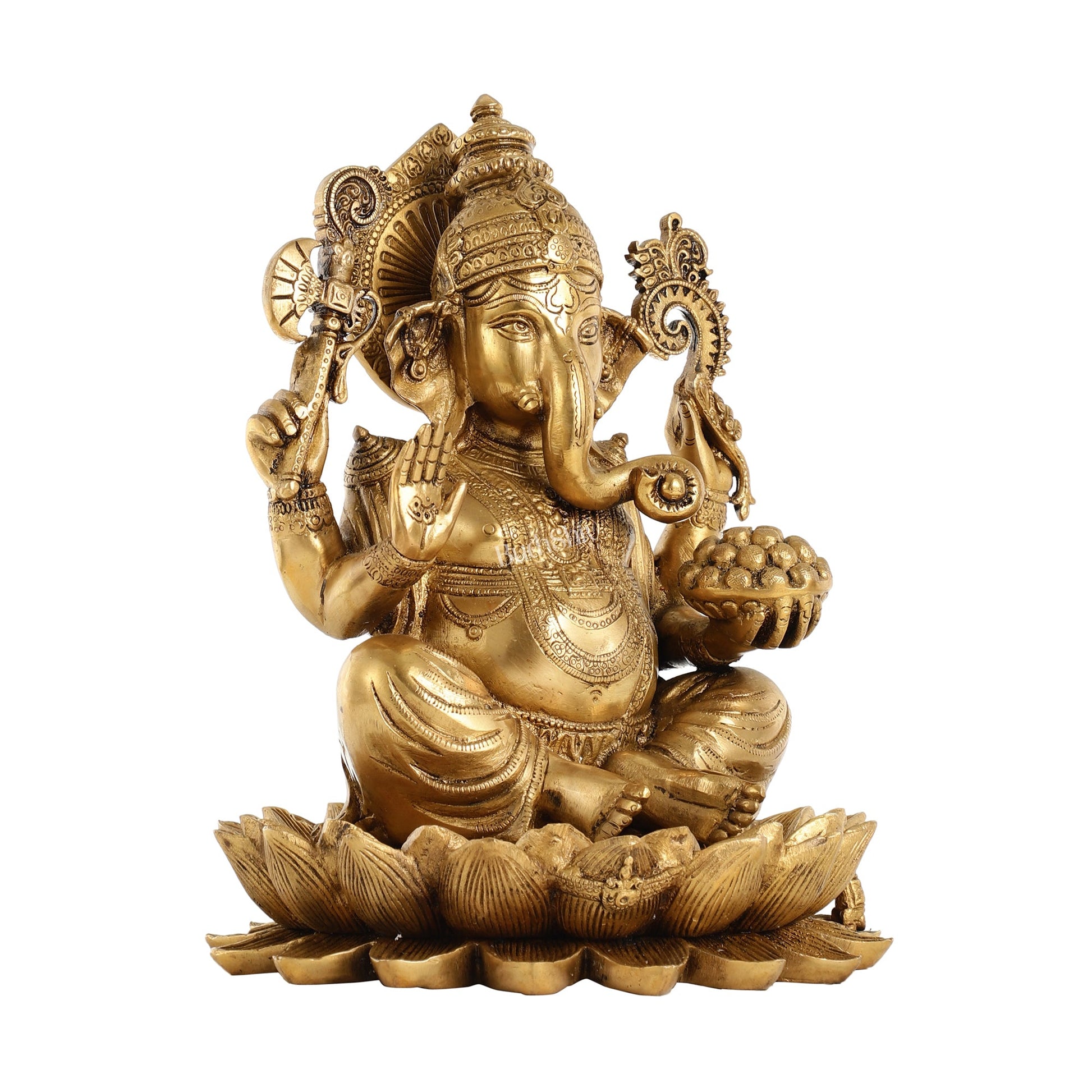 Brass Ganapati Idol Seated on Lotus | 12" Height - Budhshiv.com