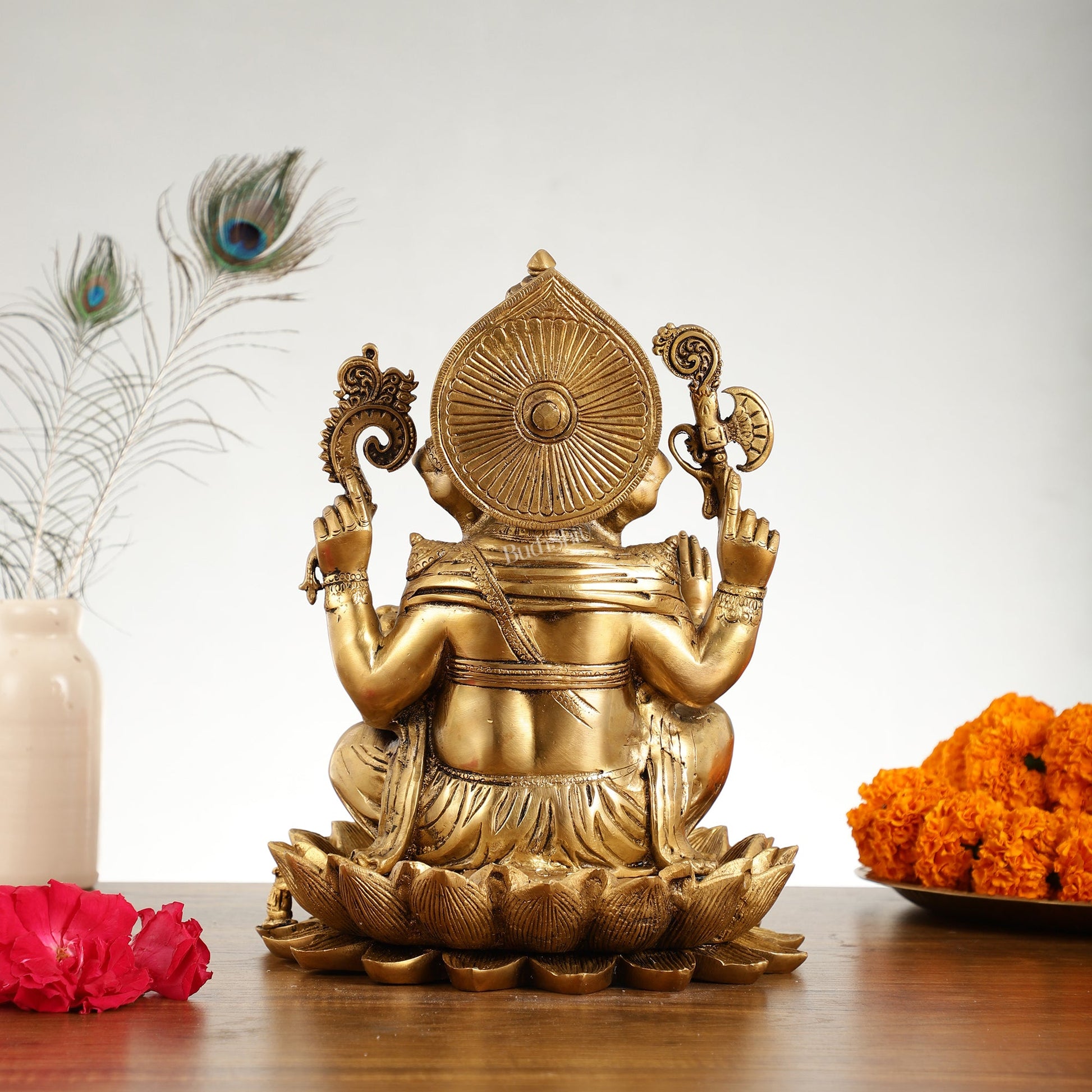 Brass Ganapati Idol Seated on Lotus | 12" Height - Budhshiv.com