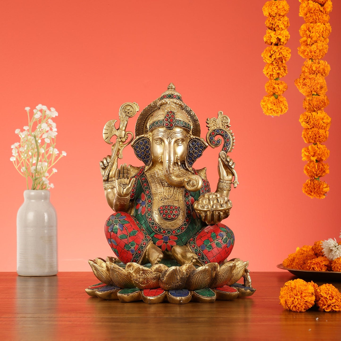 Brass Ganapati Idol Seated on Lotus | 12" - Budhshiv.com