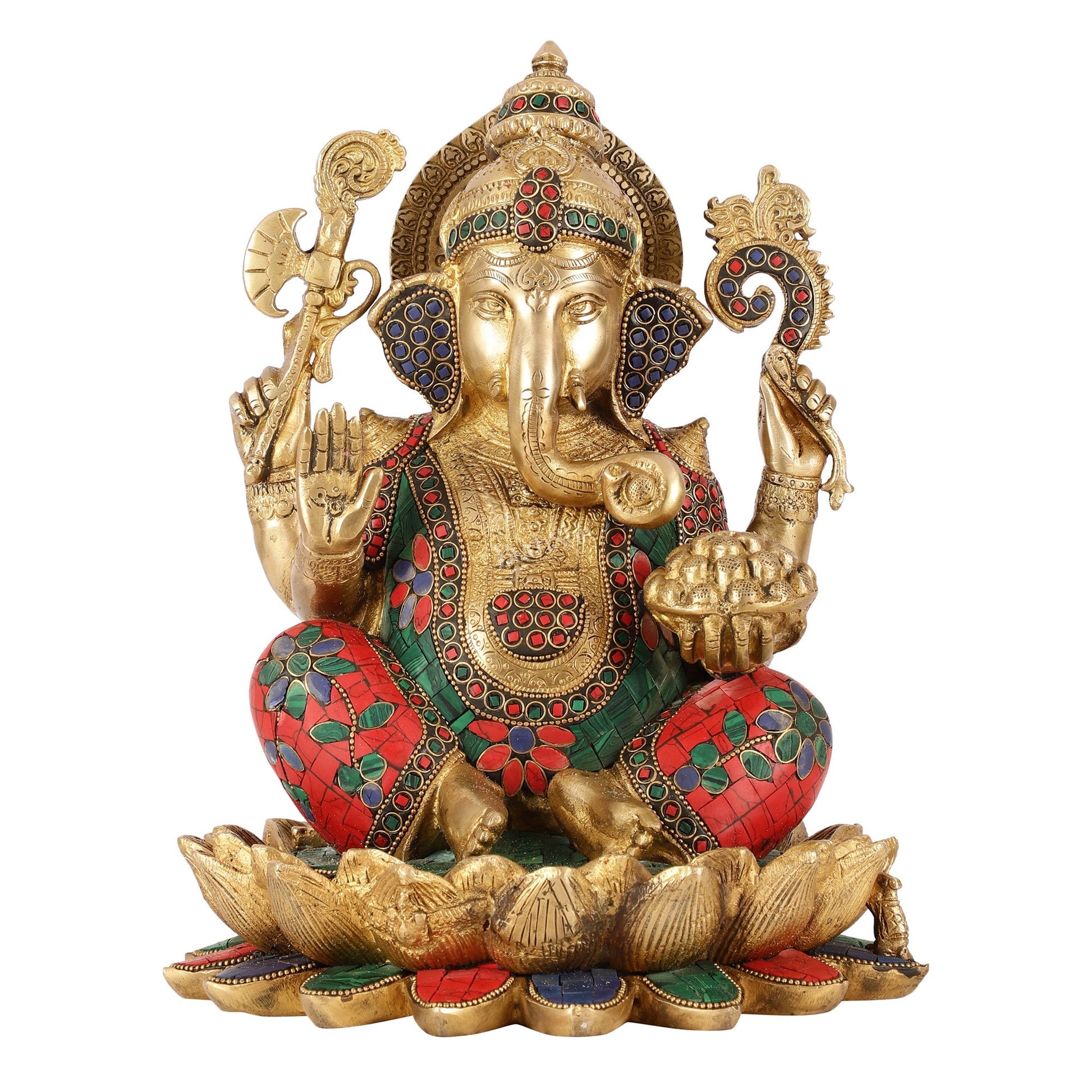 Brass Ganapati Idol Seated on Lotus | 12" - Budhshiv.com