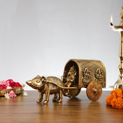 Brass Ganapati on Mooshak Rath idol with Modak Bowl | Engraved Cart with Ganesha and Lakshmi | length 13 inch - Budhshiv.com