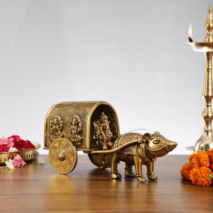 Brass Ganapati on Mooshak Rath idol with Modak Bowl | Engraved Cart with Ganesha and Lakshmi | length 13 inch - Budhshiv.com