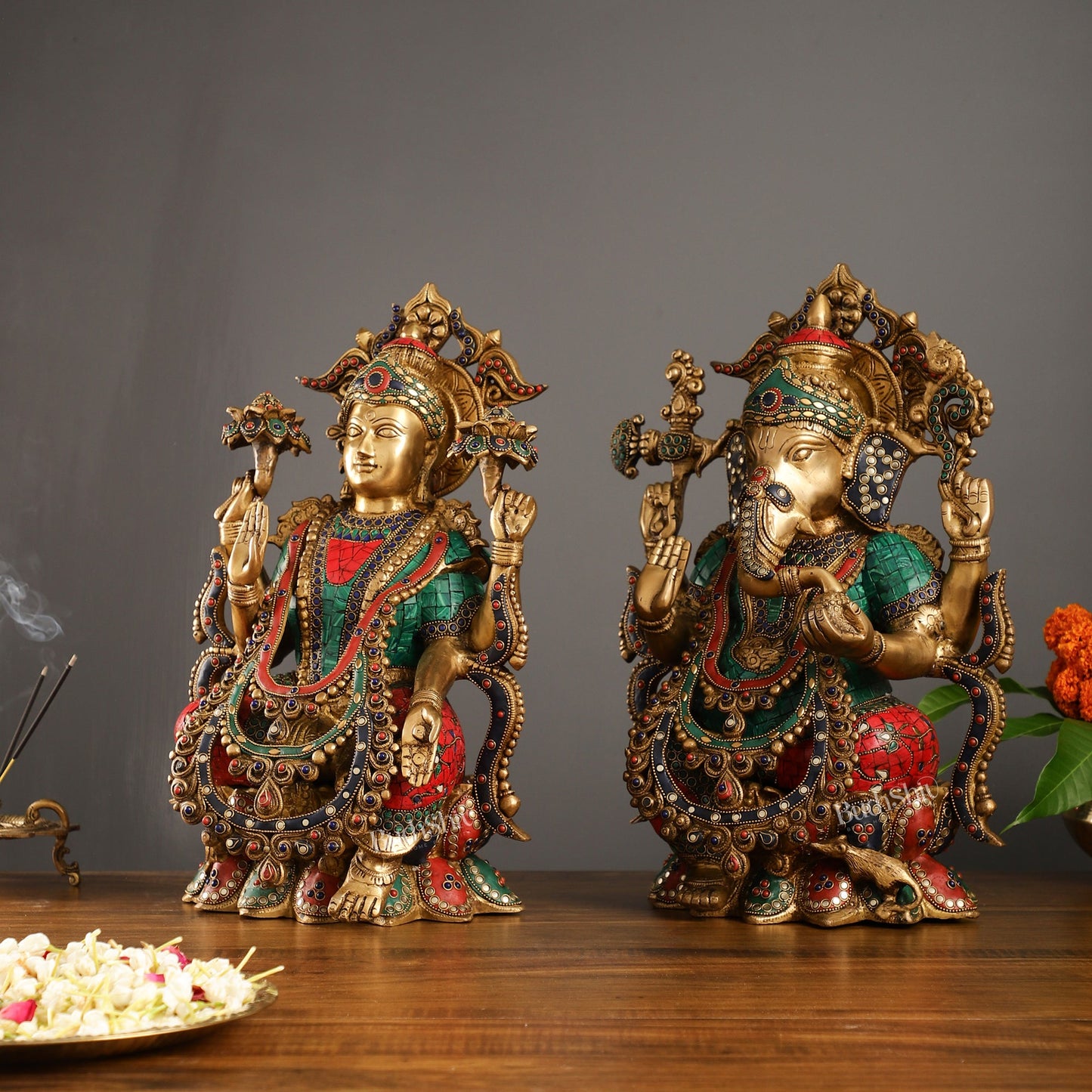 Brass Ganesha and Lakshmi Idols 16" - Budhshiv.com