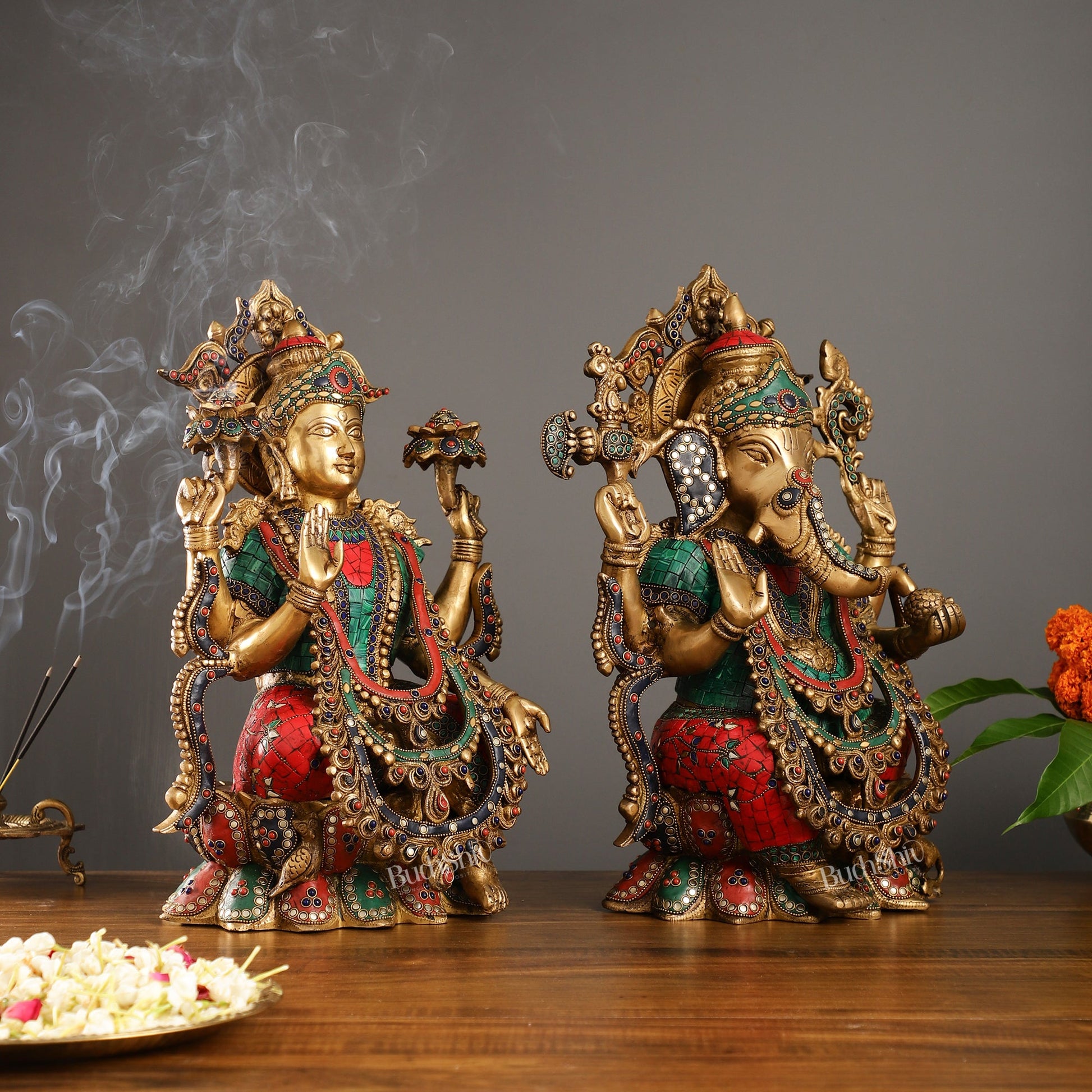 Brass Ganesha and Lakshmi Idols 16" - Budhshiv.com