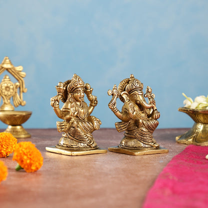 Brass Ganesha and Lakshmi Idols Pair | Height 4 inch - Budhshiv.com