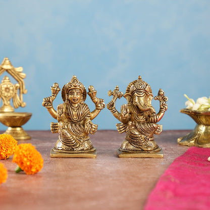 Brass Ganesha and Lakshmi Idols Pair | Height 4 inch - Budhshiv.com