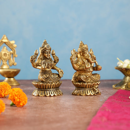 Brass Ganesha and Lakshmi Idols Pair | Height 4.5 inch - Budhshiv.com