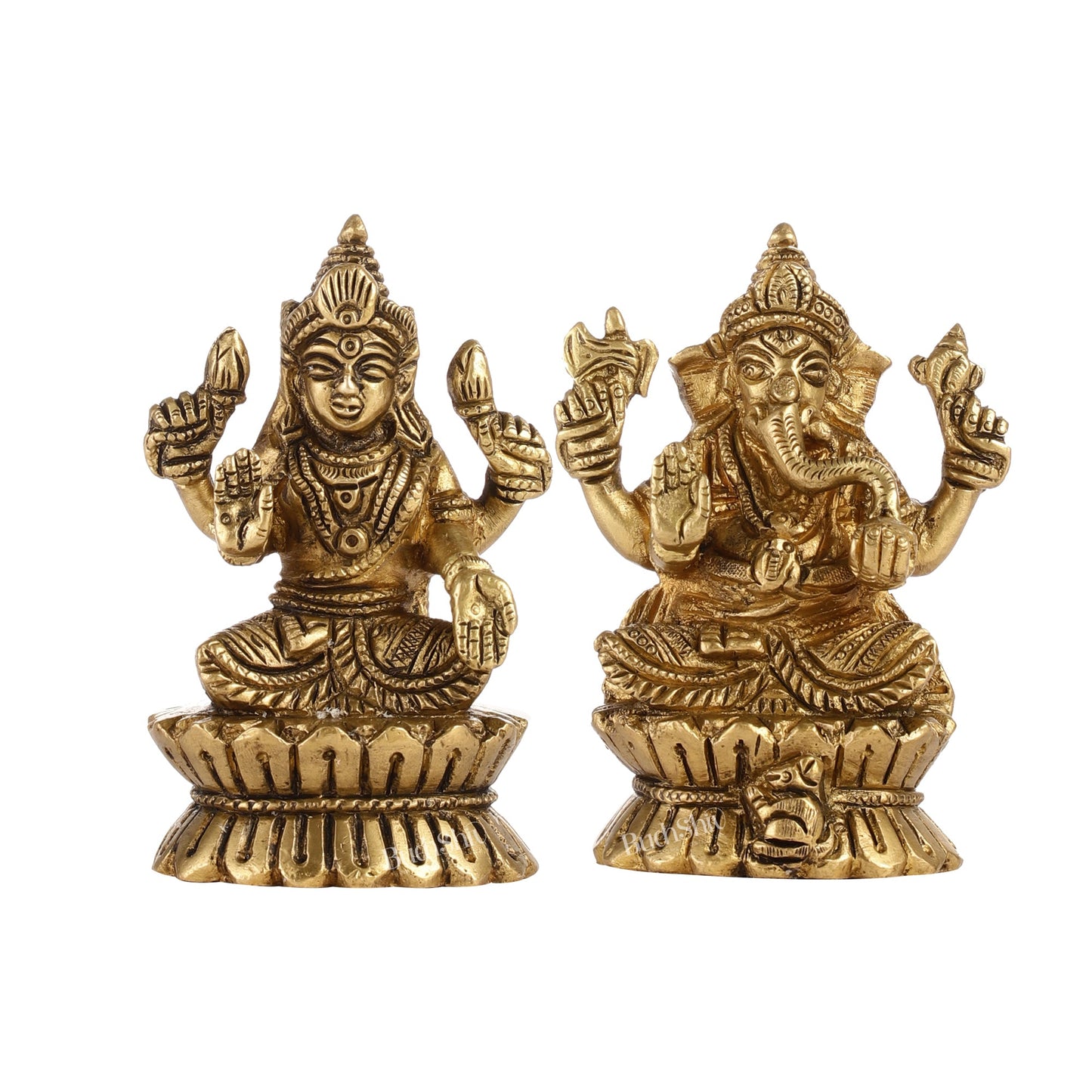 Brass Ganesha and Lakshmi Idols Pair | Height 4.5 inch - Budhshiv.com