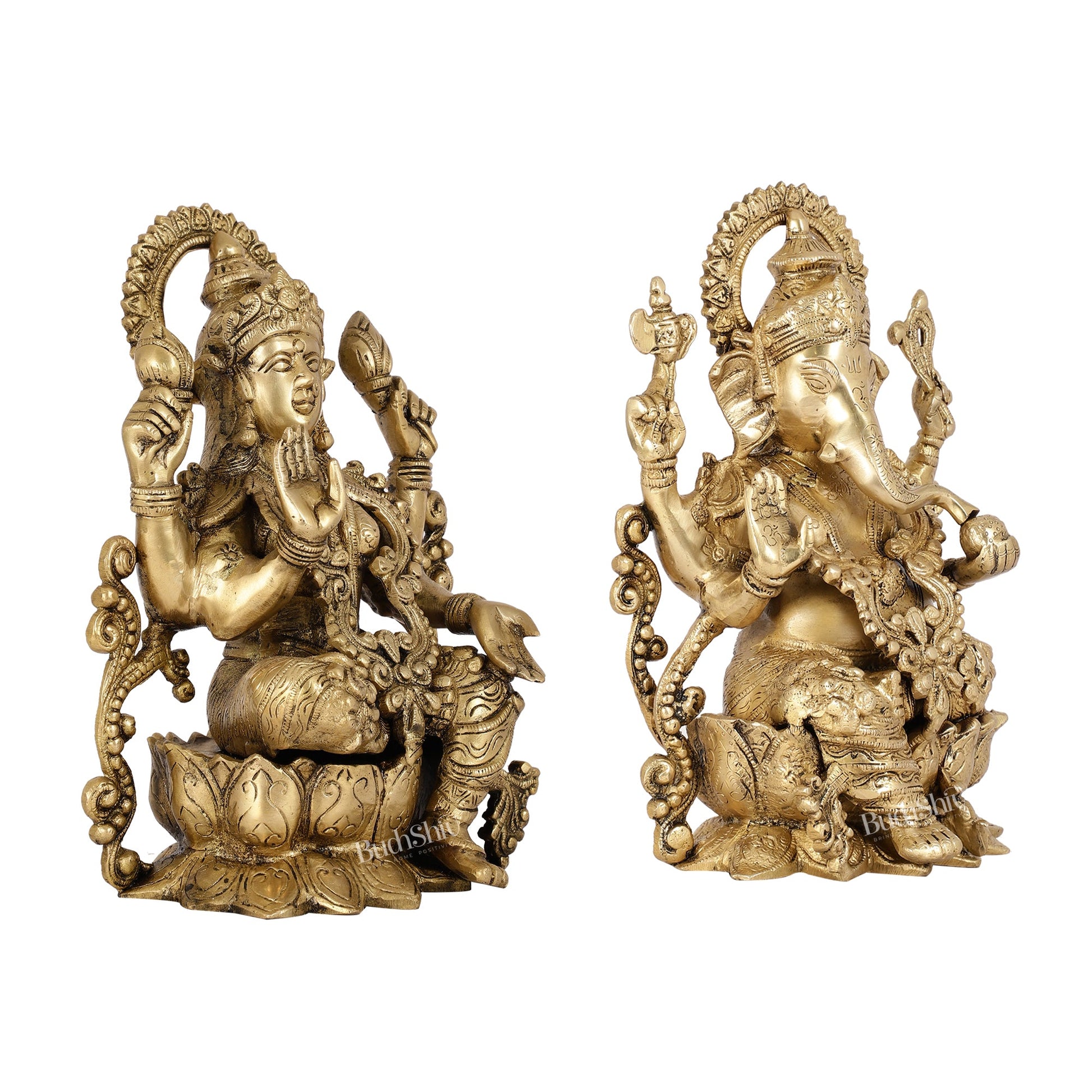 Brass Ganesha and Lakshmi Pair on Lotus | 12" Height | Divine Harmony - Budhshiv.com