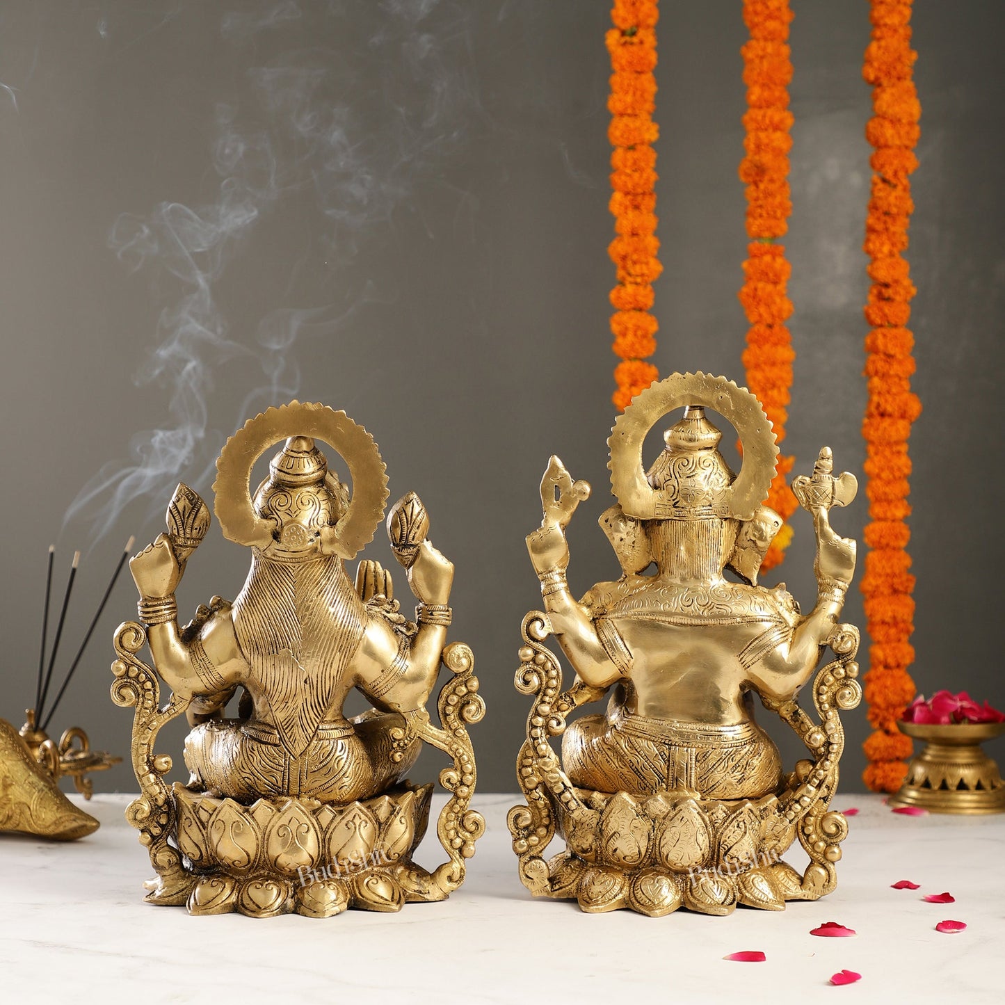 Brass Ganesha and Lakshmi Pair on Lotus | 12" Height | Divine Harmony - Budhshiv.com