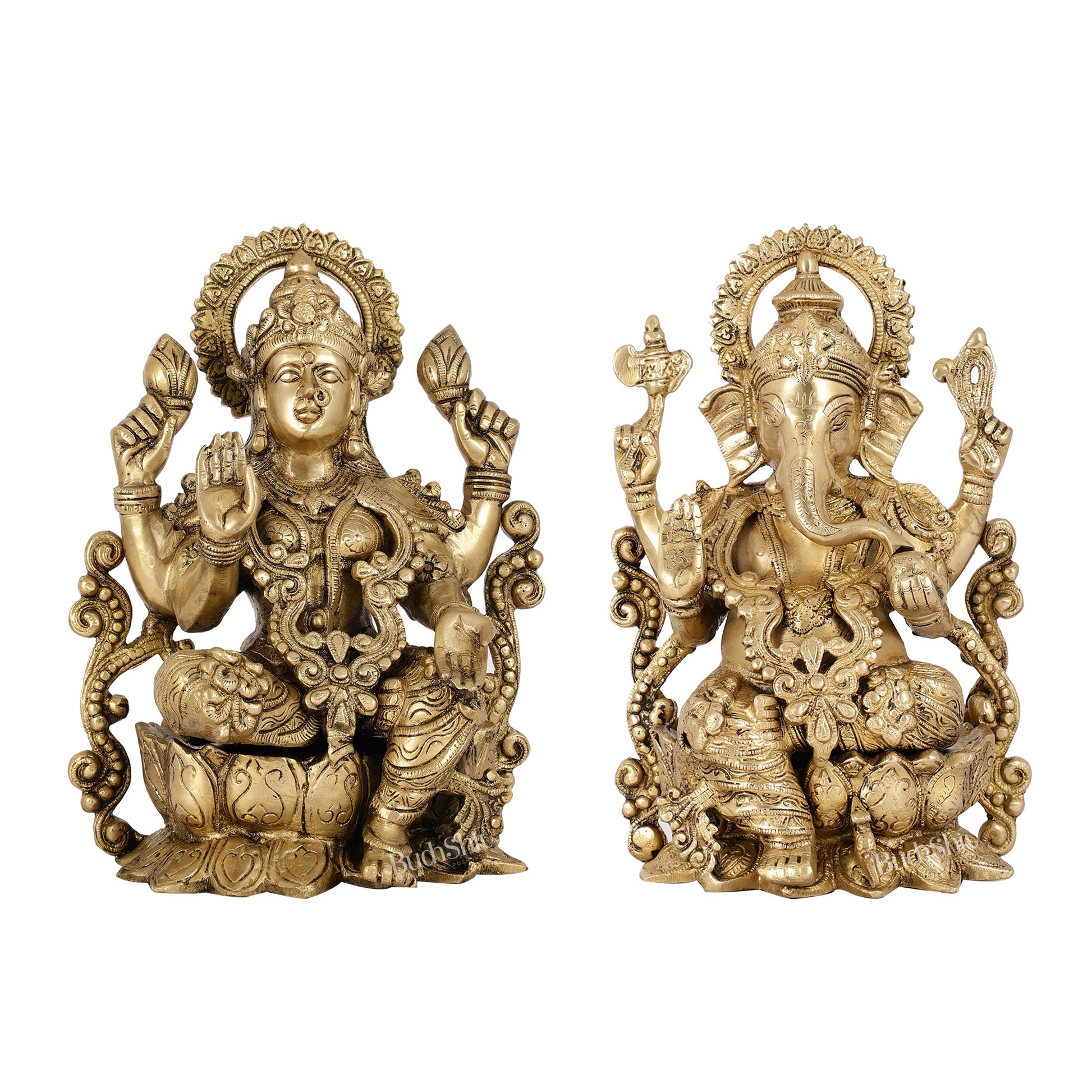 Brass Ganesha and Lakshmi Pair on Lotus | 12" Height | Divine Harmony - Budhshiv.com