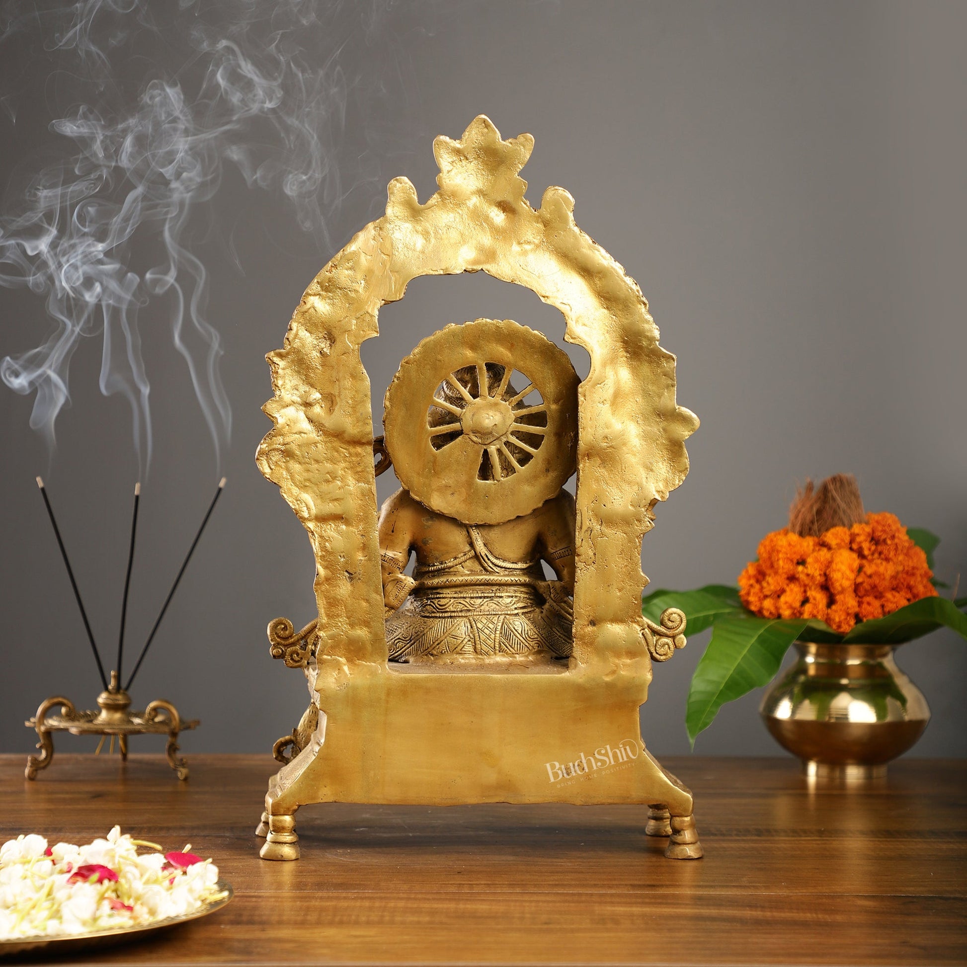 Brass Ganesha Charbhuja Statue - Seated on Throne, 18" antique - Budhshiv.com
