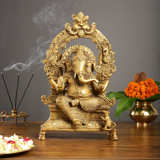 Brass Ganesha Charbhuja Statue - Seated on Throne, 18" antique - Budhshiv.com