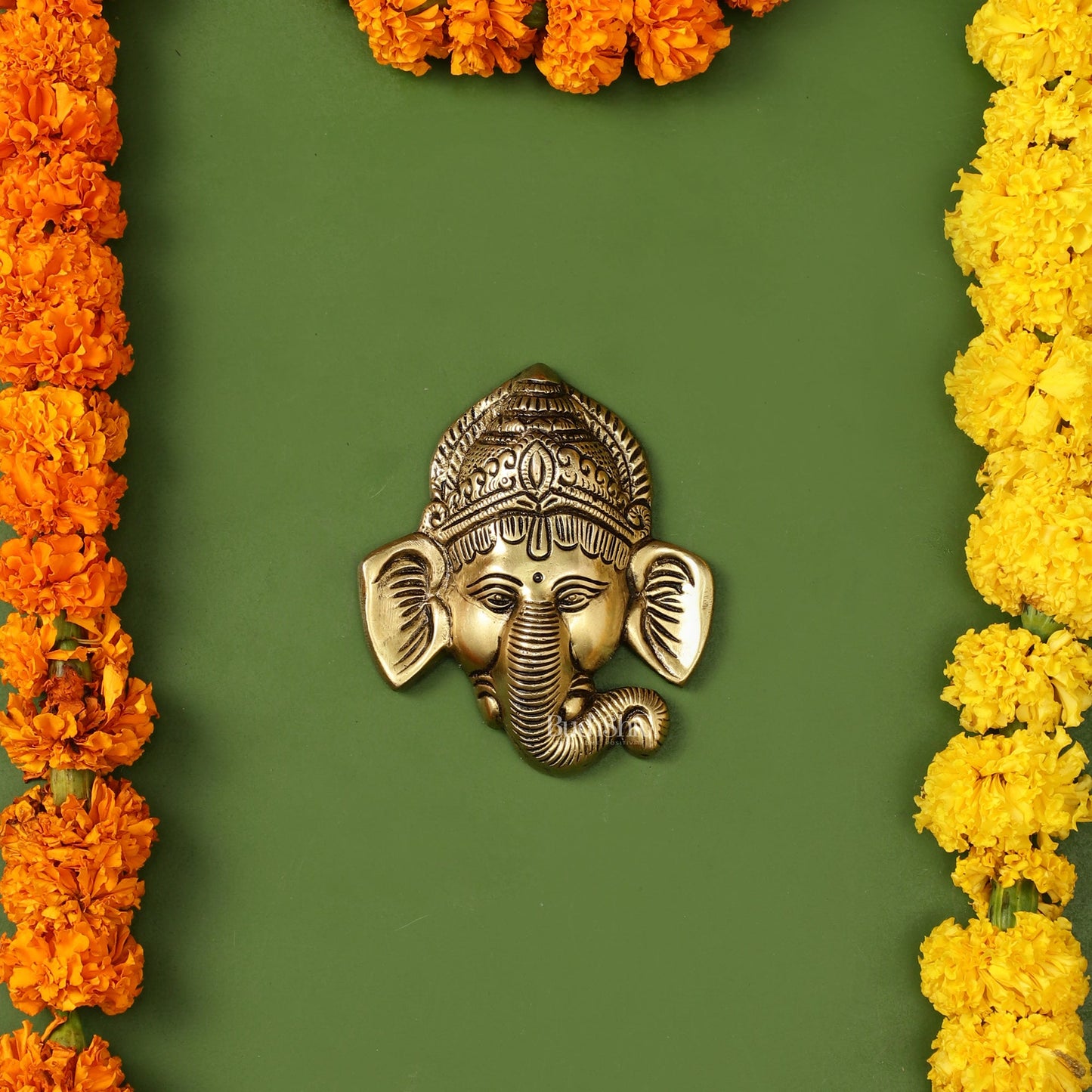 Brass Ganesha Face Wall Hanging - 4 x 3.5 inch - Budhshiv.com