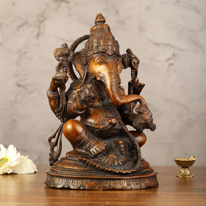 Brass Ganesha Idol - 11" Height | Antique Bronze Touch - Budhshiv.com