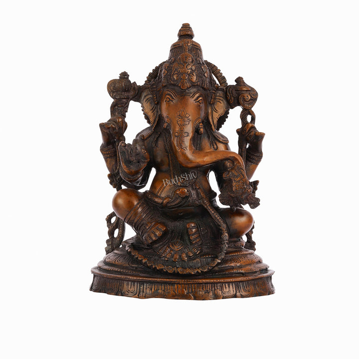 Brass Ganesha Idol - 11" Height | Antique Bronze Touch - Budhshiv.com