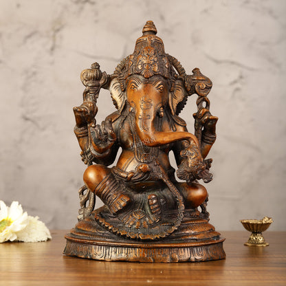 Brass Ganesha Idol - 11" Height | Antique Bronze Touch - Budhshiv.com