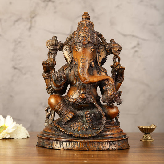 Brass Ganesha Idol - 11" Height | Antique Bronze Touch - Budhshiv.com